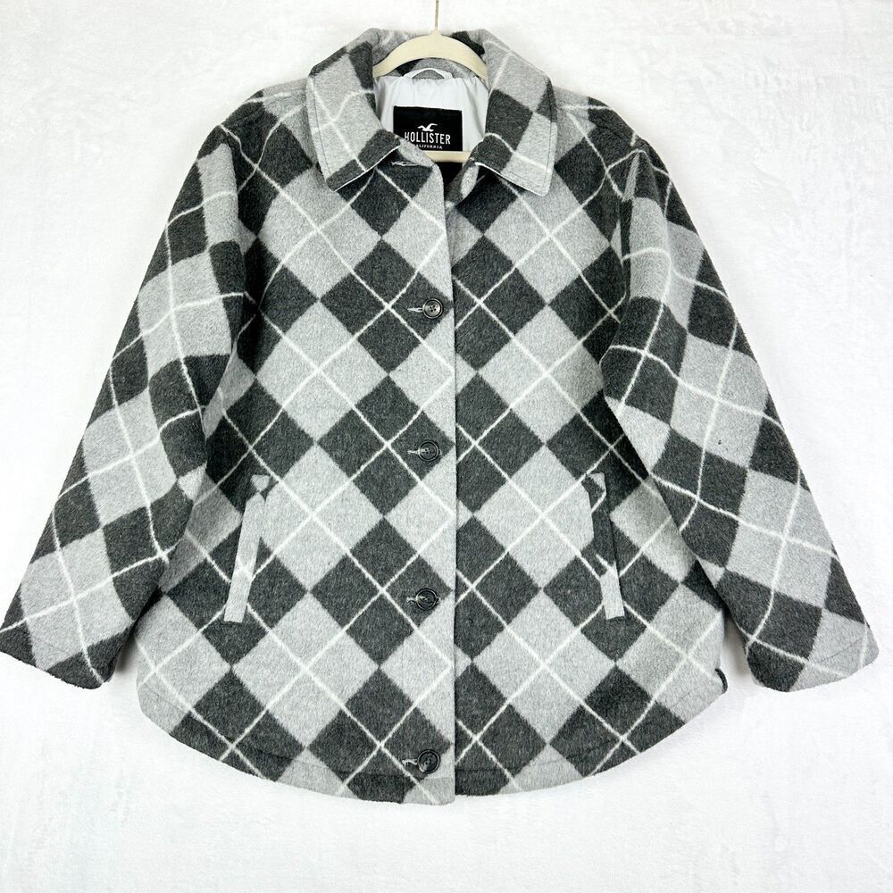 Hollister Argyle Plaid Coat Size Large Preppy Oversized Grey